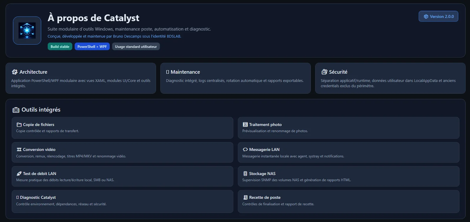 Page À propos de Catalyst 2.0.0 (capture historique)